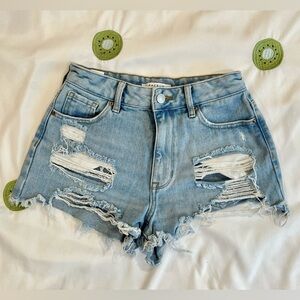 PacSun | High Waisted Denim Festival Shorts Ripped Button Fly, Light Blue, 25